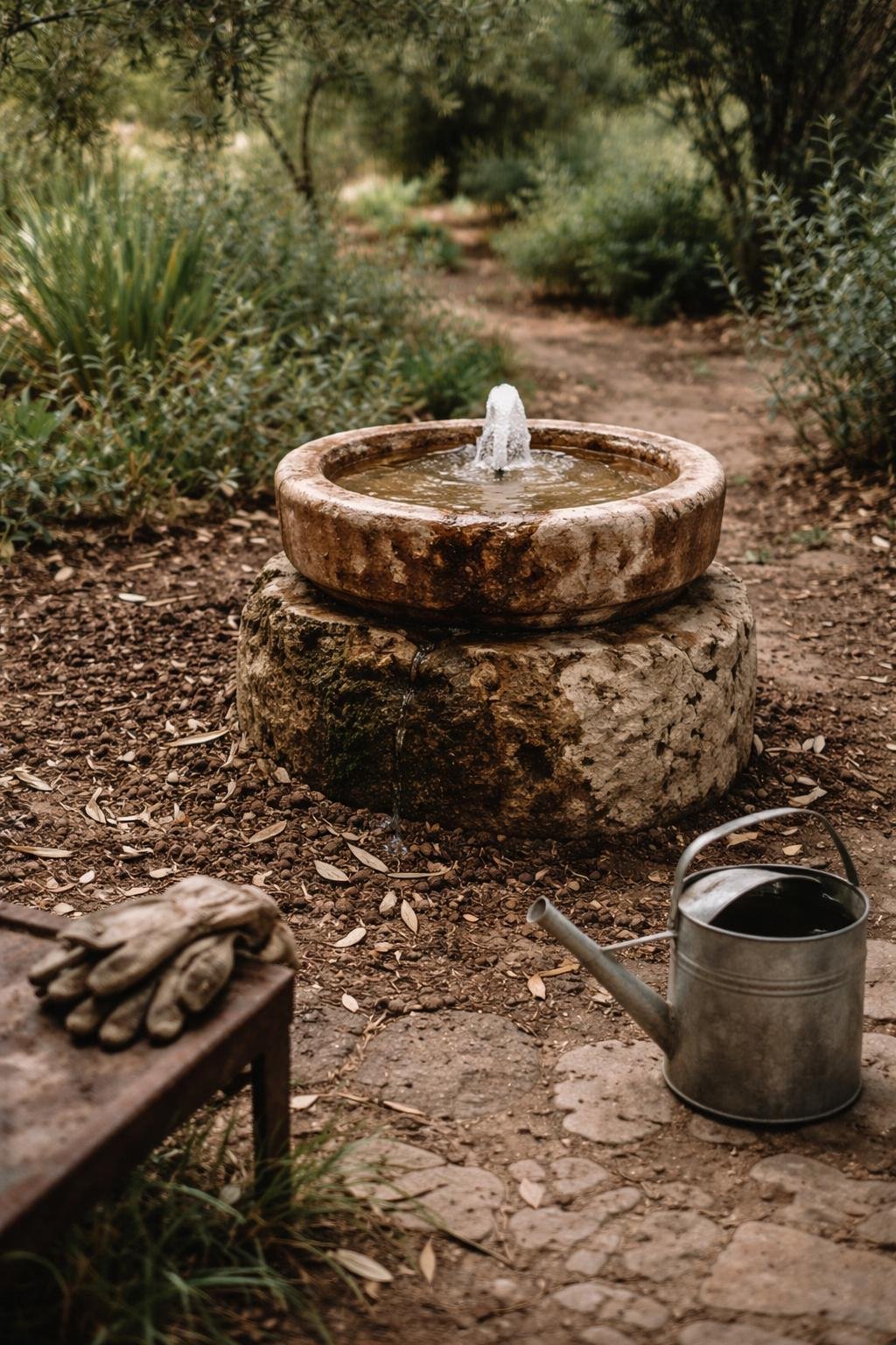 A natural stone fountain surrounded by olive leaves and garden plants, with garden gloves and a watering can nearby on stone paving.