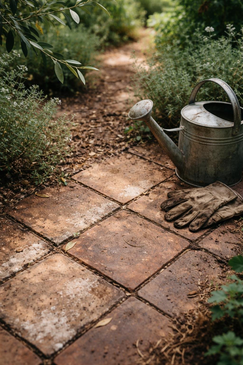 Close-up view of a clay tiled garden floor surrounded by olive leaves and herbs, with worn garden gloves and a watering can nearby under soft daylight.