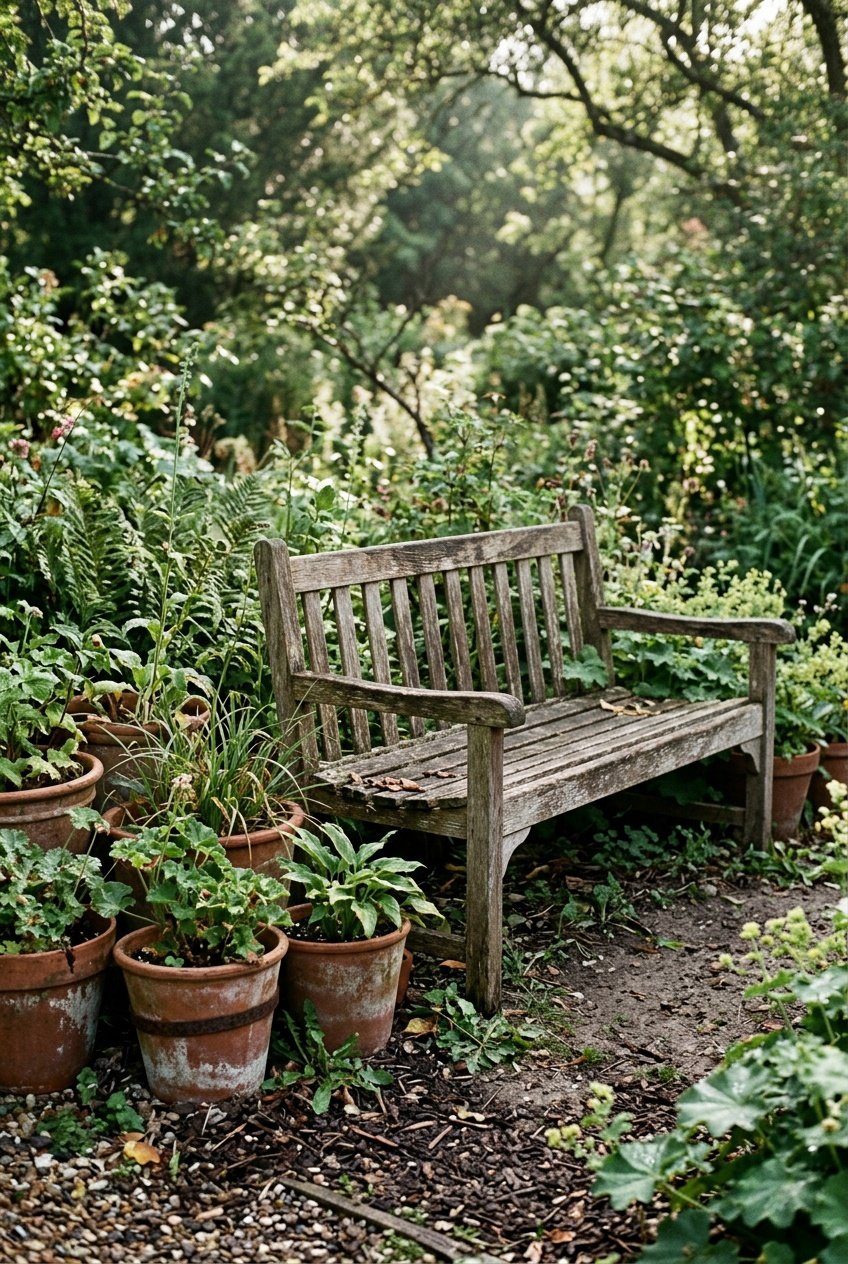 A rustic wooden garden bench with backrest surrounded by plants, terracotta pots, and soil under soft daylight.
