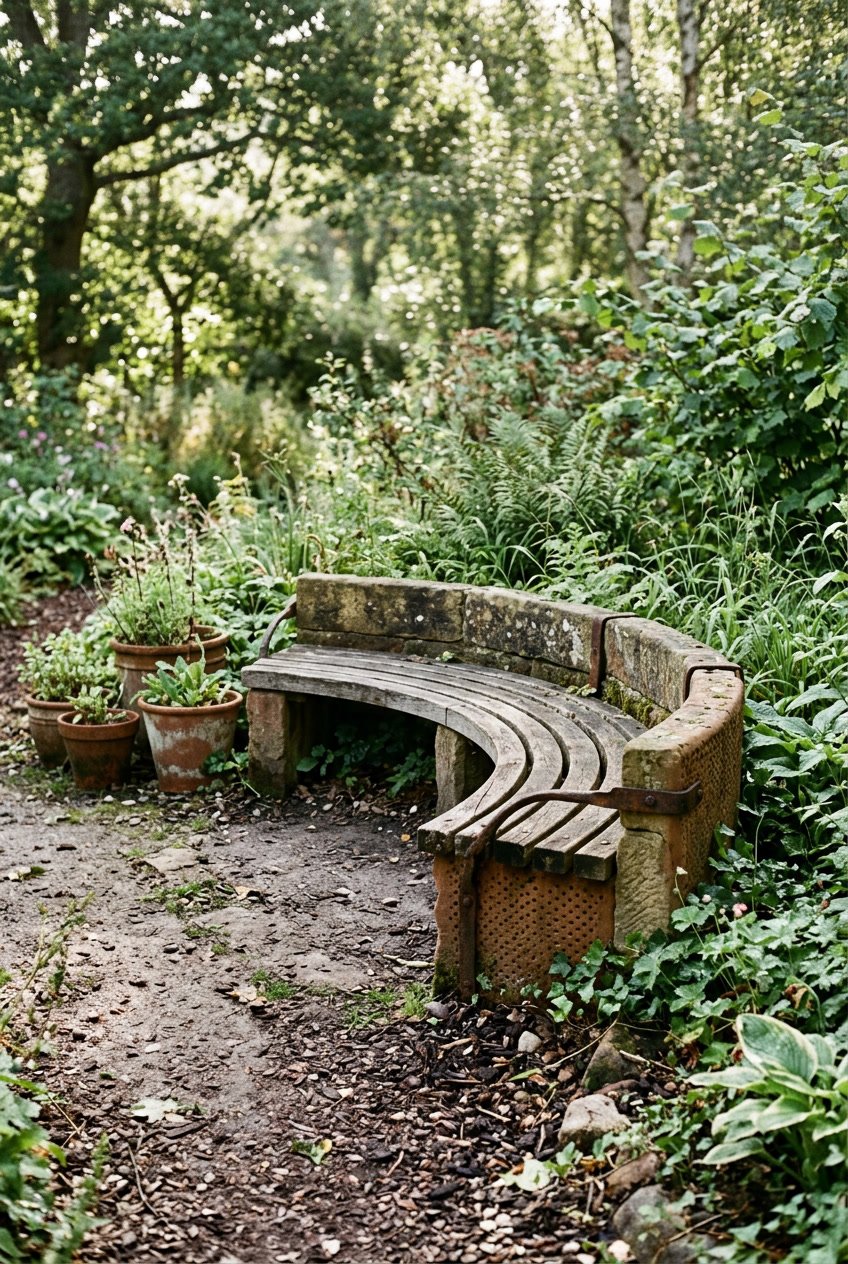 A curved stone bench in a garden surrounded by plants, soil, and terracotta pots under soft daylight.