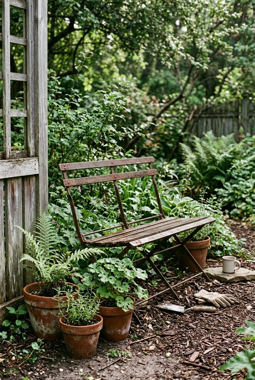 A foldable metal garden bench surrounded by plants with uneven heights, insect-bitten leaves, weathered pots, and scattered mulch under soft daylight.