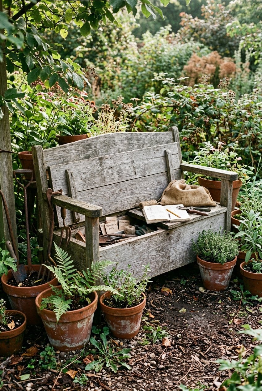 A weathered wooden garden bench with a hidden compartment surrounded by terracotta pots, plants with varied leaf damage, scattered mulch, and rusted iron tools under soft daylight.
