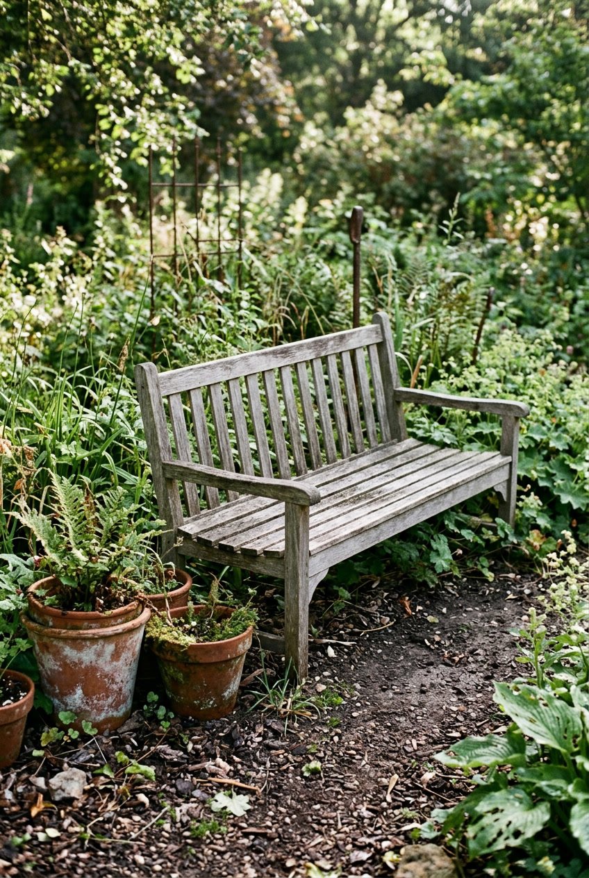 A weathered wooden garden bench surrounded by soil, plants with uneven heights and insect-bitten leaves, terracotta pots with mineral deposits, and rusted iron elements under soft daylight.