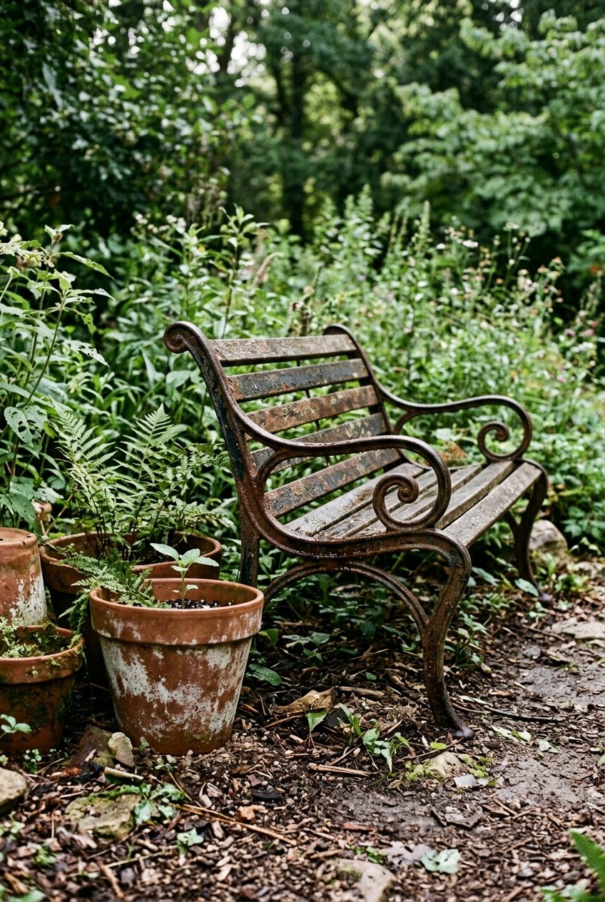 A weathered cast iron Victorian-style garden bench surrounded by plants with insect-bitten leaves, terracotta pots, and scattered mulch under soft daylight.