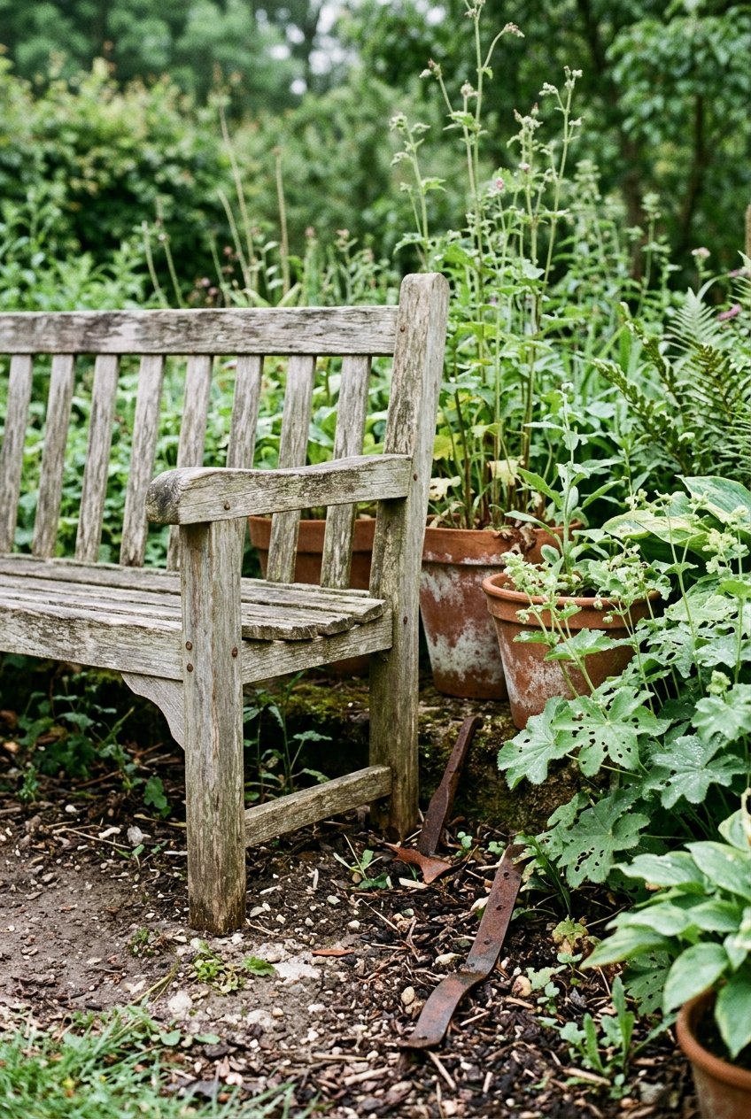 A reclaimed teak wood garden bench surrounded by plants in pots and soil, with leaves, mulch, and garden elements visible under soft daylight.