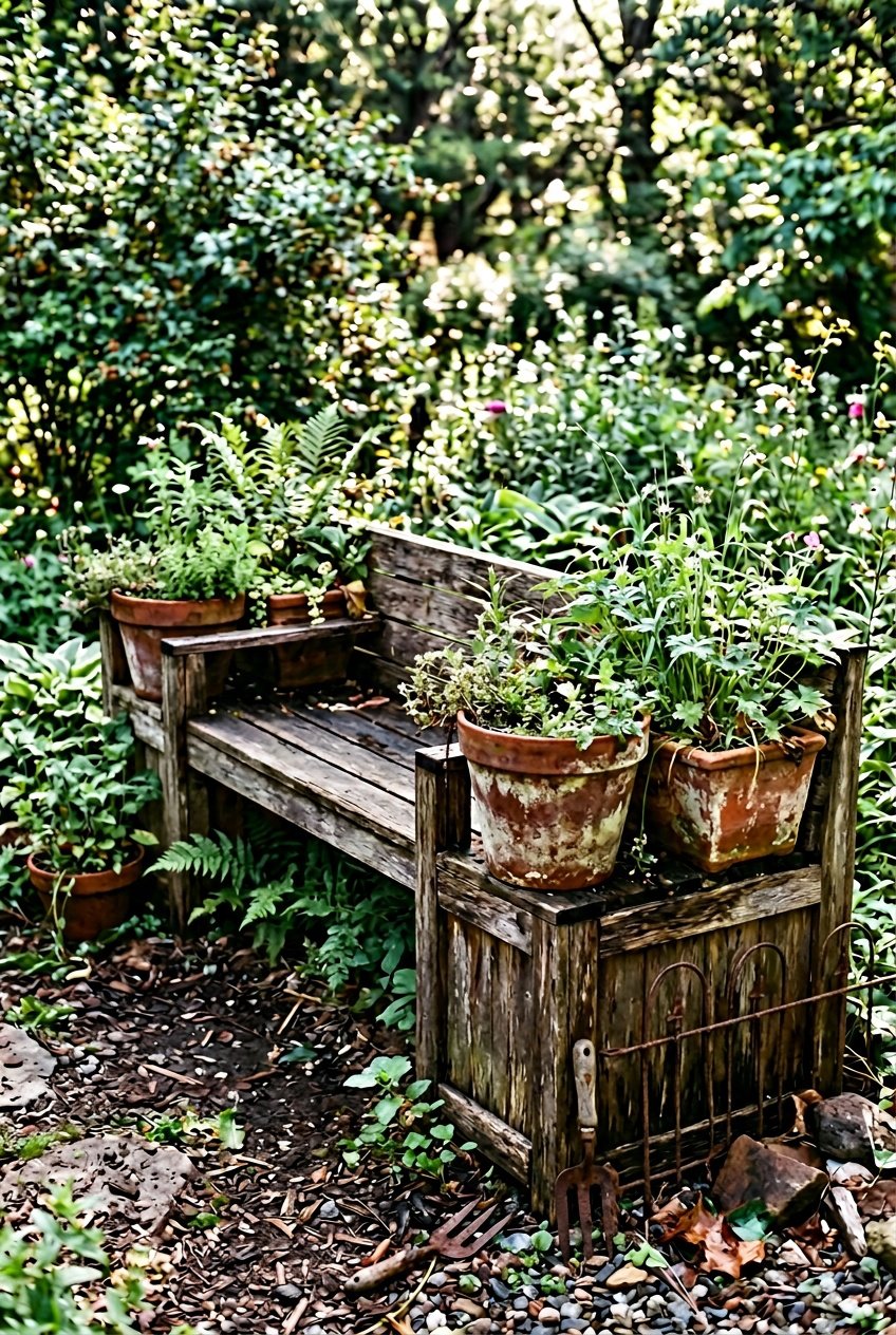 A weathered wooden garden bench with built-in terracotta planters surrounded by uneven plants, gritty soil, and scattered mulch under soft daylight.