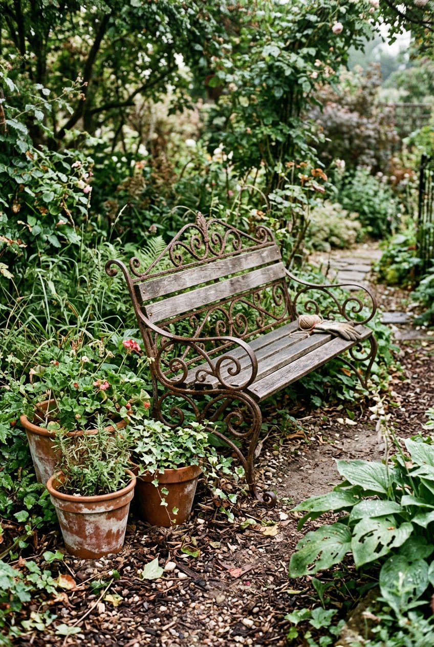 A weathered garden bench with decorative iron scrollwork surrounded by plants, terracotta pots, and scattered mulch under soft daylight.