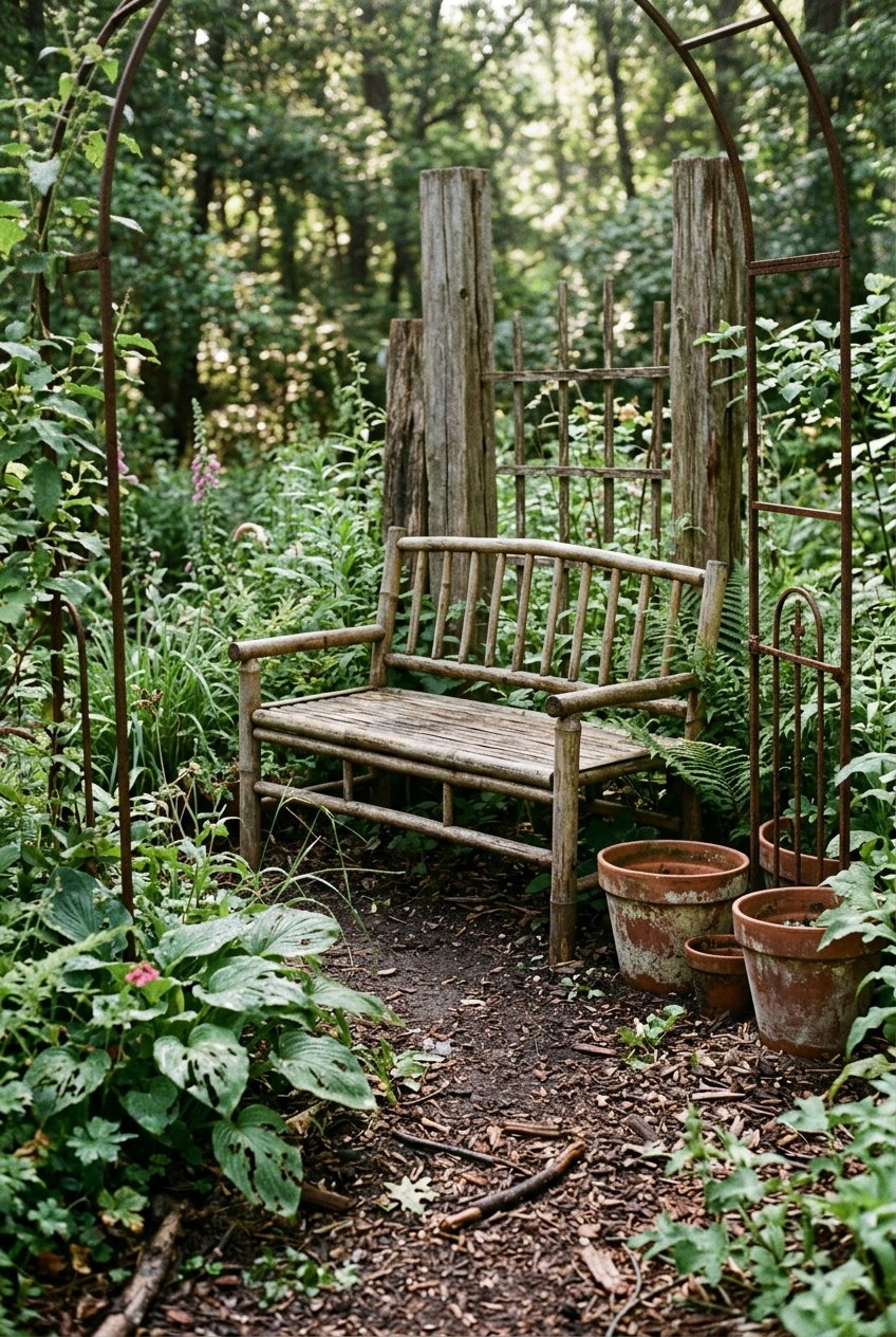 A bamboo garden bench surrounded by soil, plants with uneven leaves, terracotta pots, and natural garden elements under soft daylight.