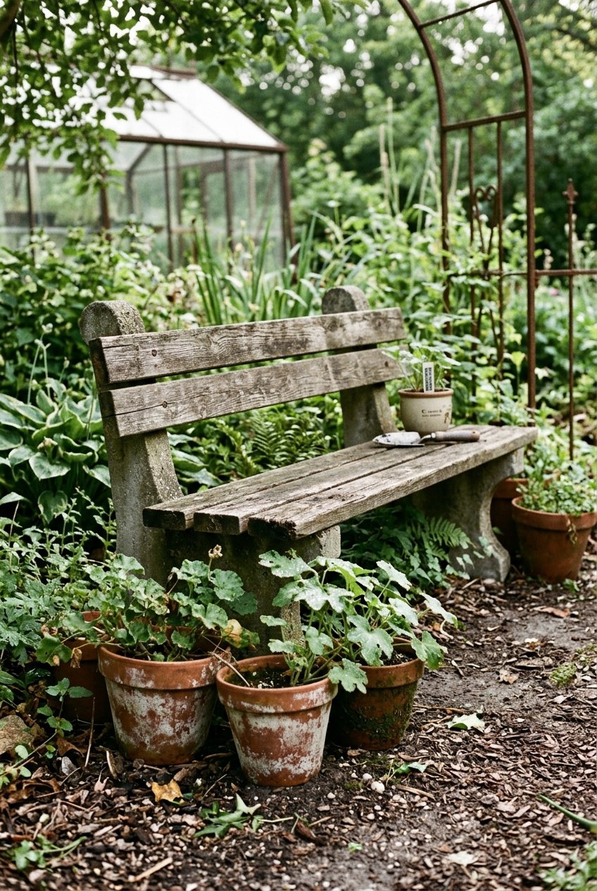 A concrete garden bench with a wooden seat surrounded by plants of varying heights, terracotta pots, and scattered mulch under soft daylight.