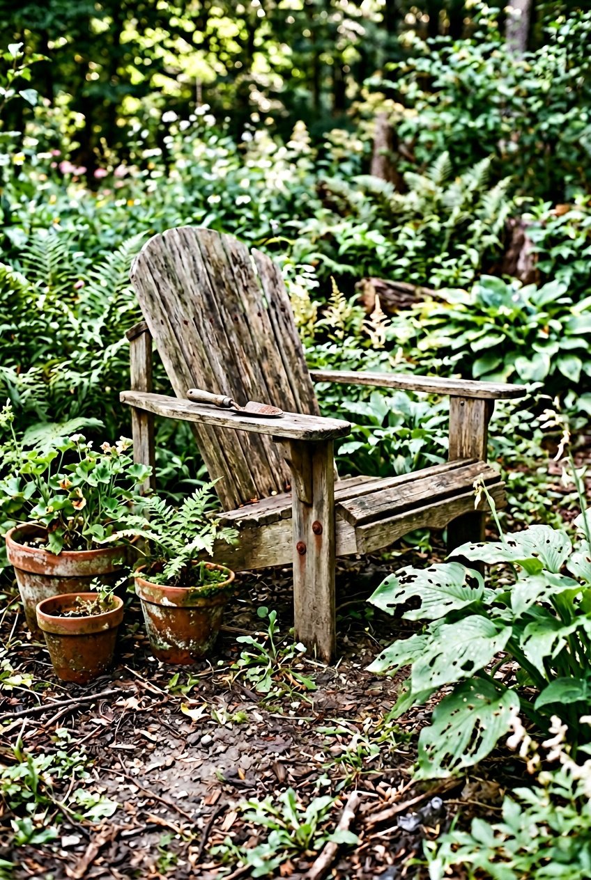 A weathered Adirondack garden bench surrounded by plants of varying heights, terracotta pots, and scattered mulch under soft daylight.