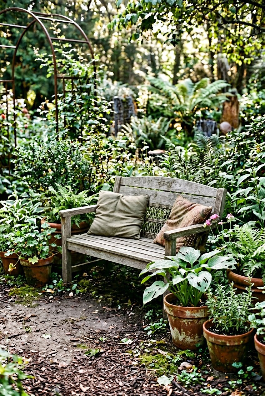 A wicker bench with cushions sits in a garden surrounded by terracotta pots and plants with uneven leaves, under soft daylight with scattered mulch on the ground.