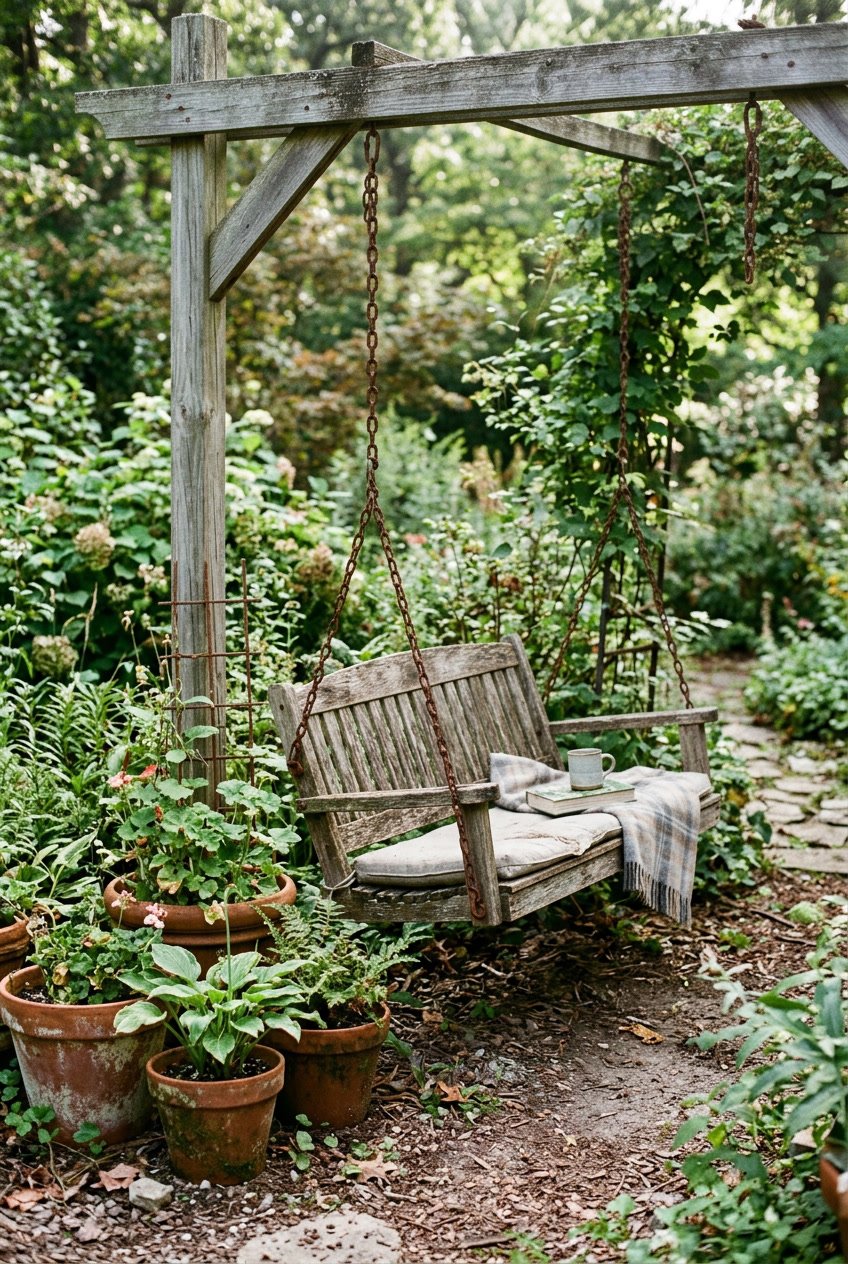 A garden bench swing surrounded by plants in pots and soil, with visible rusted iron and weathered wood, under soft daylight with dew on leaves.