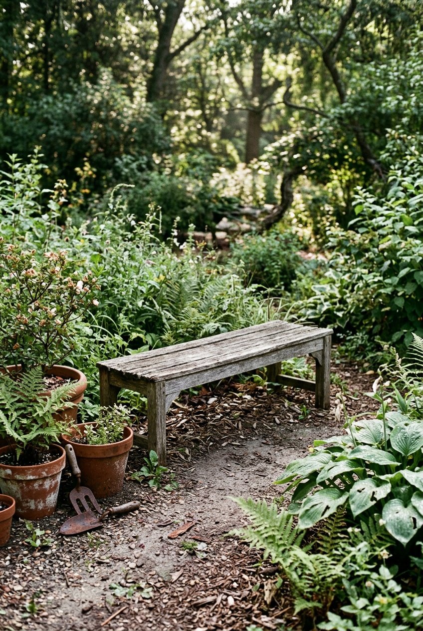 A weathered wooden backless bench surrounded by uneven plants, terracotta pots, and garden soil under soft daylight.