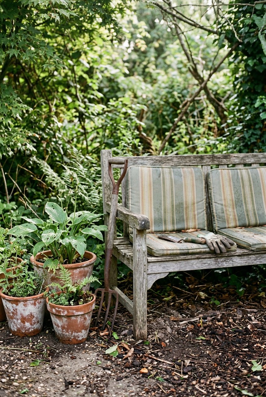 A garden bench with weatherproof cushions surrounded by plants, terracotta pots, and natural garden elements under soft daylight.