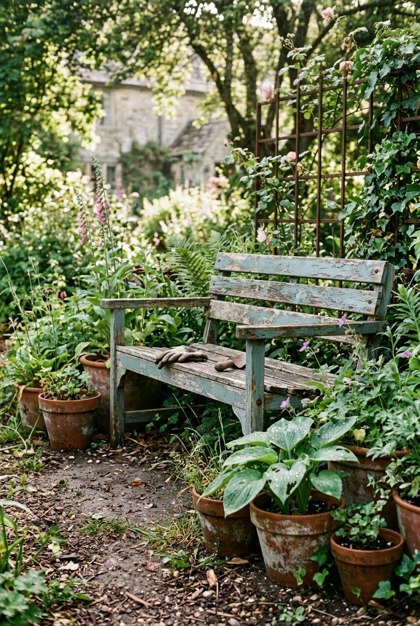 A weathered painted wooden garden bench surrounded by terracotta pots and plants with uneven leaves, set on soil with scattered mulch under soft daylight.