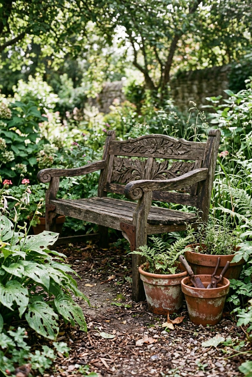 A carved wooden garden bench surrounded by uneven plants, terracotta pots, and scattered mulch under soft daylight.