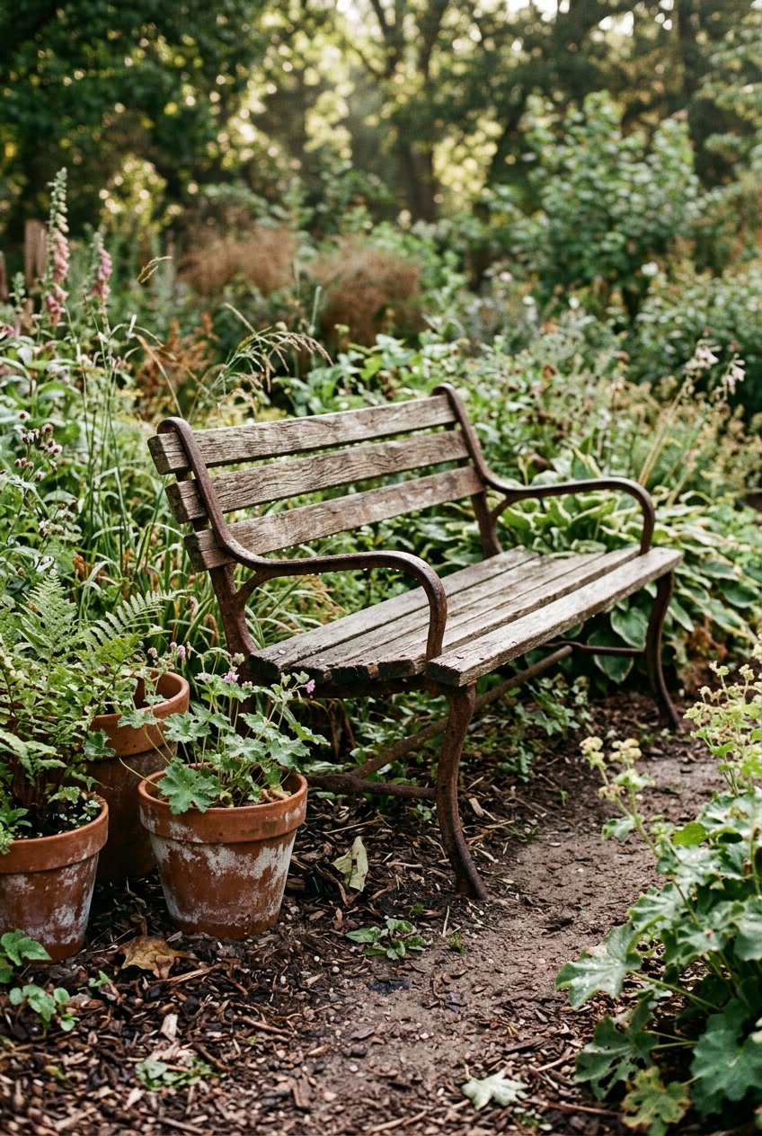 A garden bench made of wood and metal surrounded by plants, terracotta pots, and soil with scattered mulch and dew drops in soft daylight.