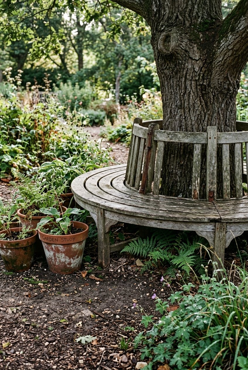 A circular wooden garden bench surrounds a tree, with soil, plants, and terracotta pots around it in a natural garden setting.