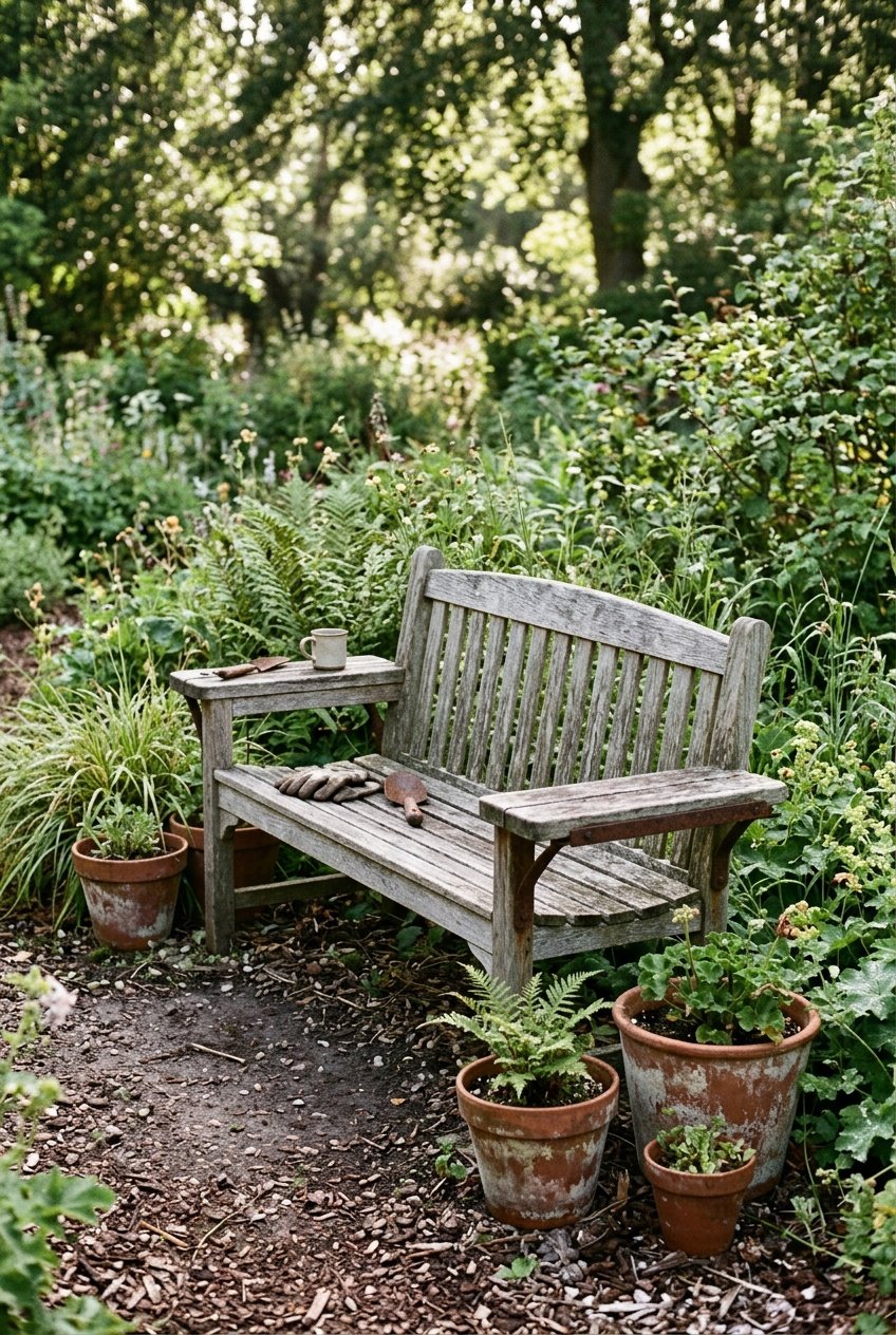 A garden bench with detachable side tables surrounded by plants of varying heights, terracotta pots, and natural ground cover under soft daylight.