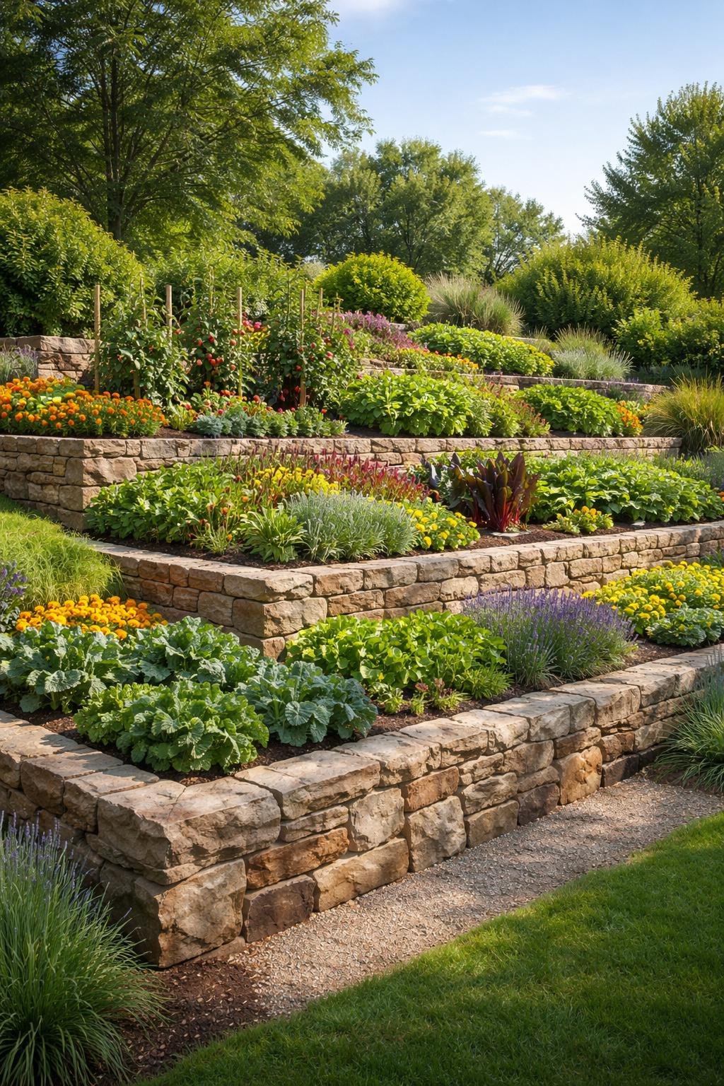 A tiered garden with raised beds supported by stone retaining walls, filled with green plants and colorful flowers.