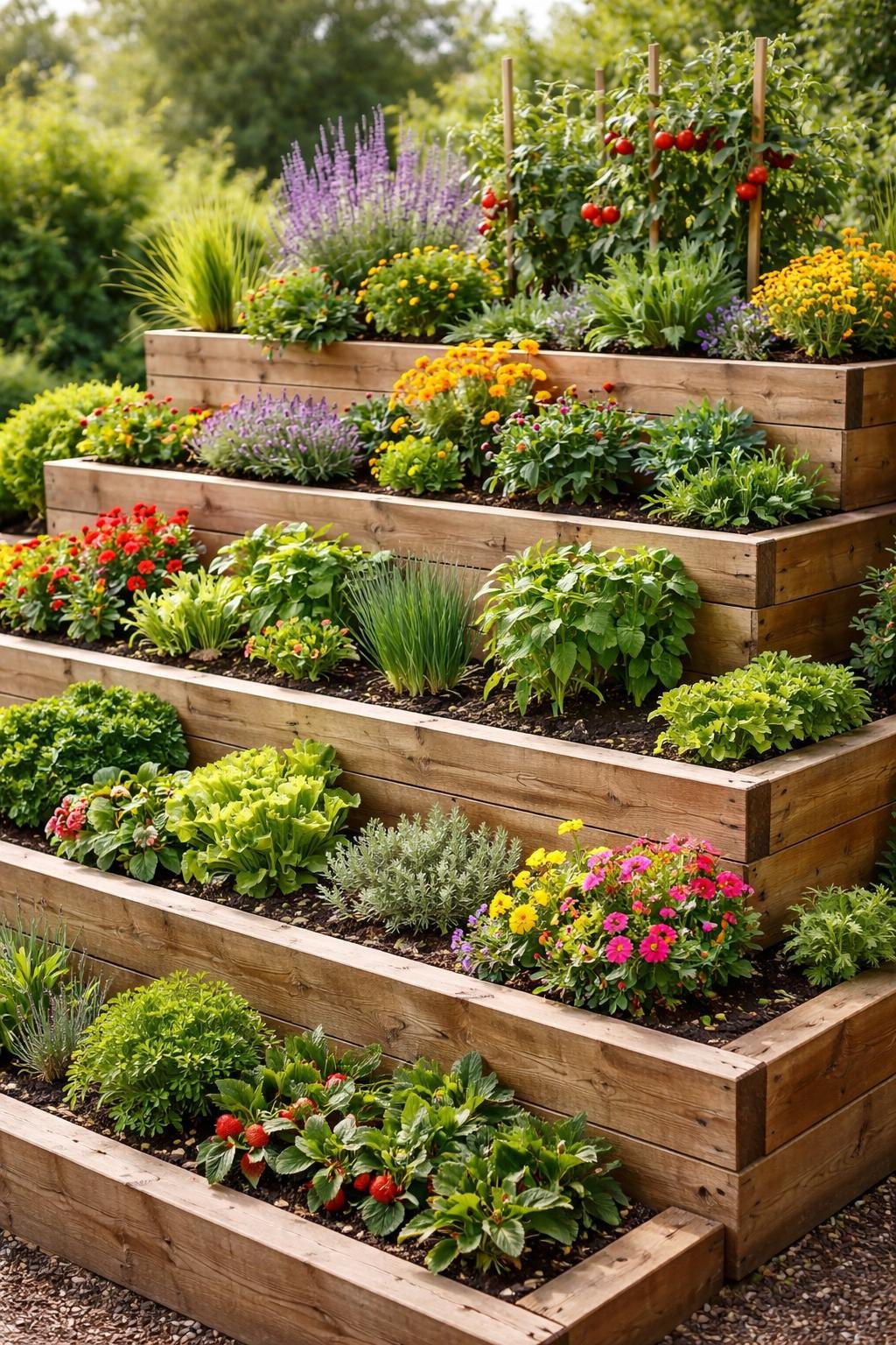 Stacked wooden planter boxes arranged in tiers filled with green plants and colorful flowers in an outdoor garden.