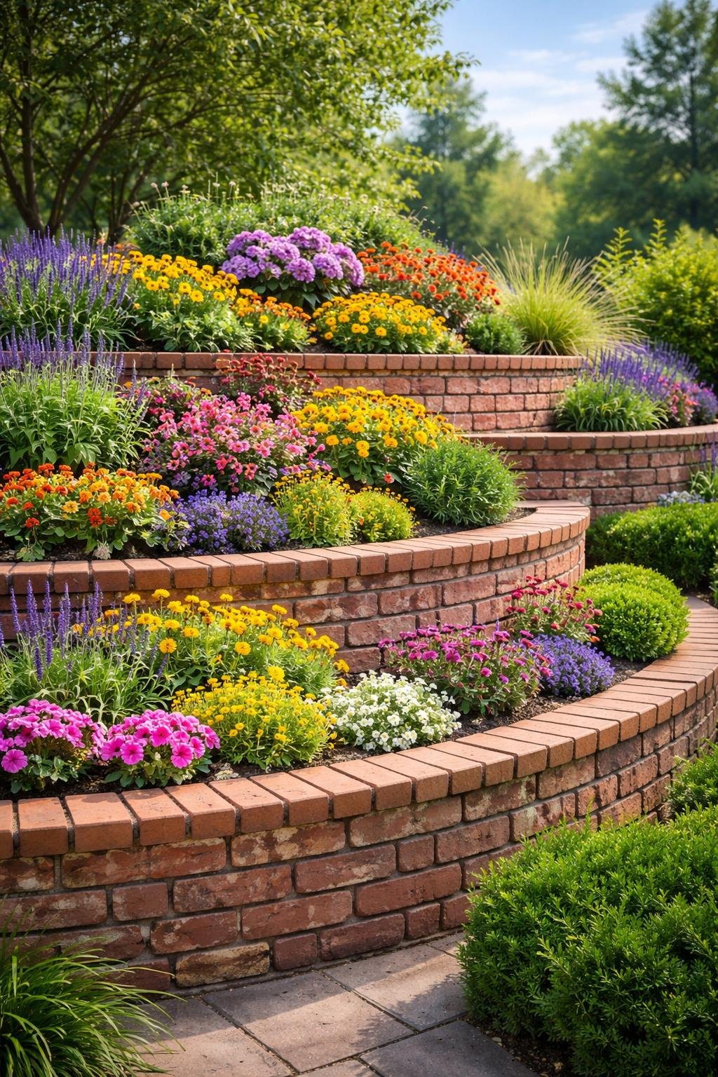 A multi-level brick flower bed with colorful flowers and green plants arranged in tiered garden beds outdoors.