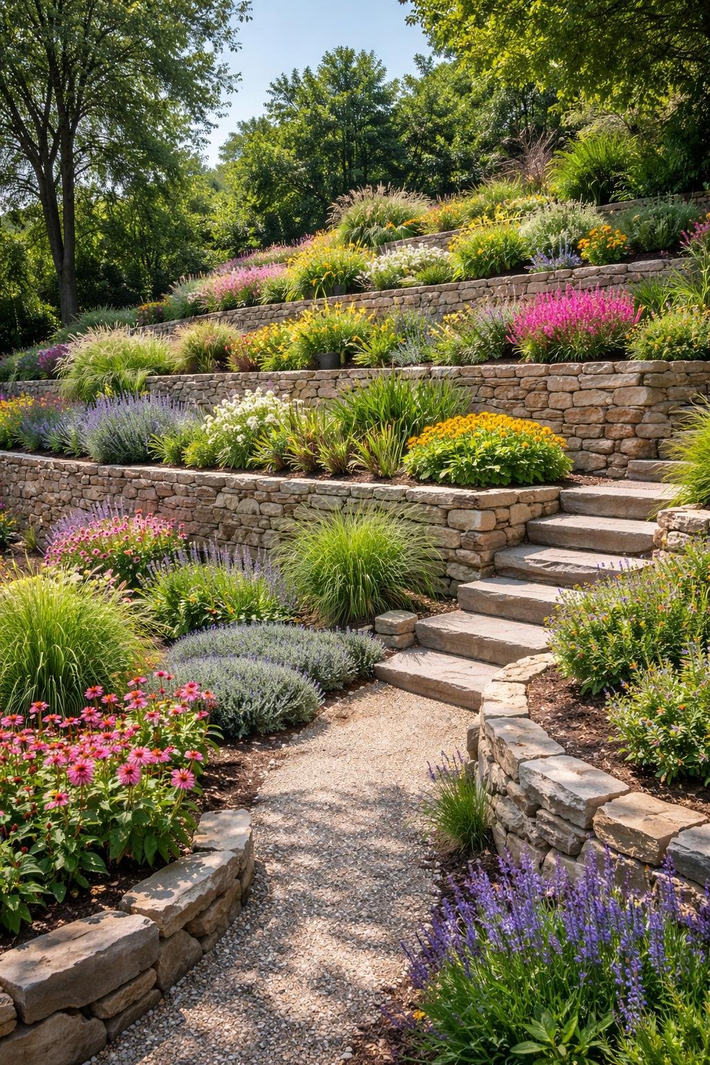 A tiered garden on a slope with stone retaining walls and various colorful plants arranged on multiple levels.