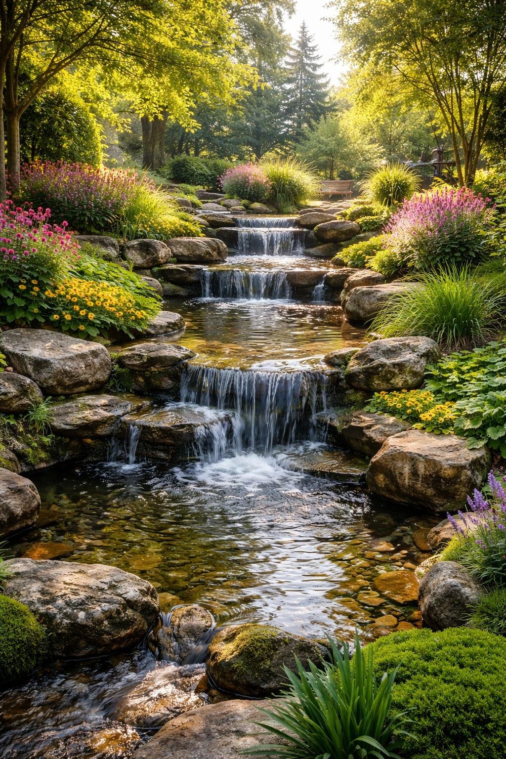 A cascading waterfall flowing over multiple stone tiers surrounded by green plants and colorful flowers in a garden.