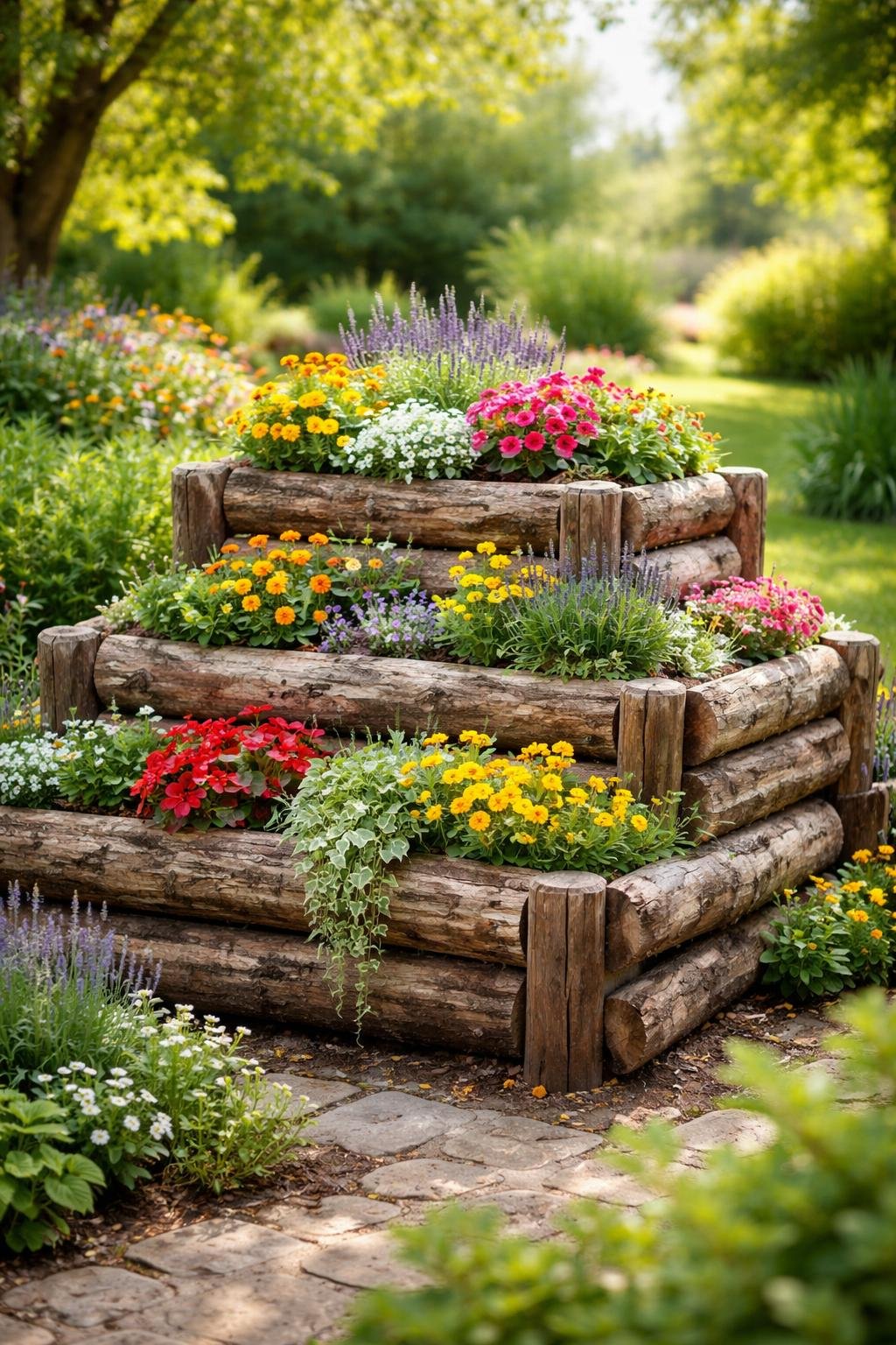 Tiered wooden log planters filled with green plants and flowers in a garden setting.