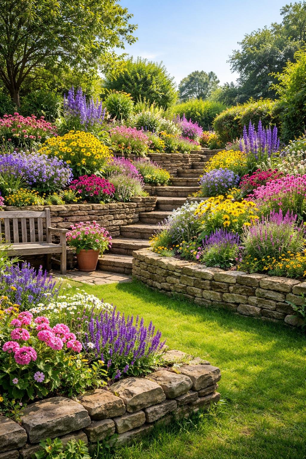 A colorful tiered cottage garden with stone walls and blooming flowers in multiple levels under a clear sky.