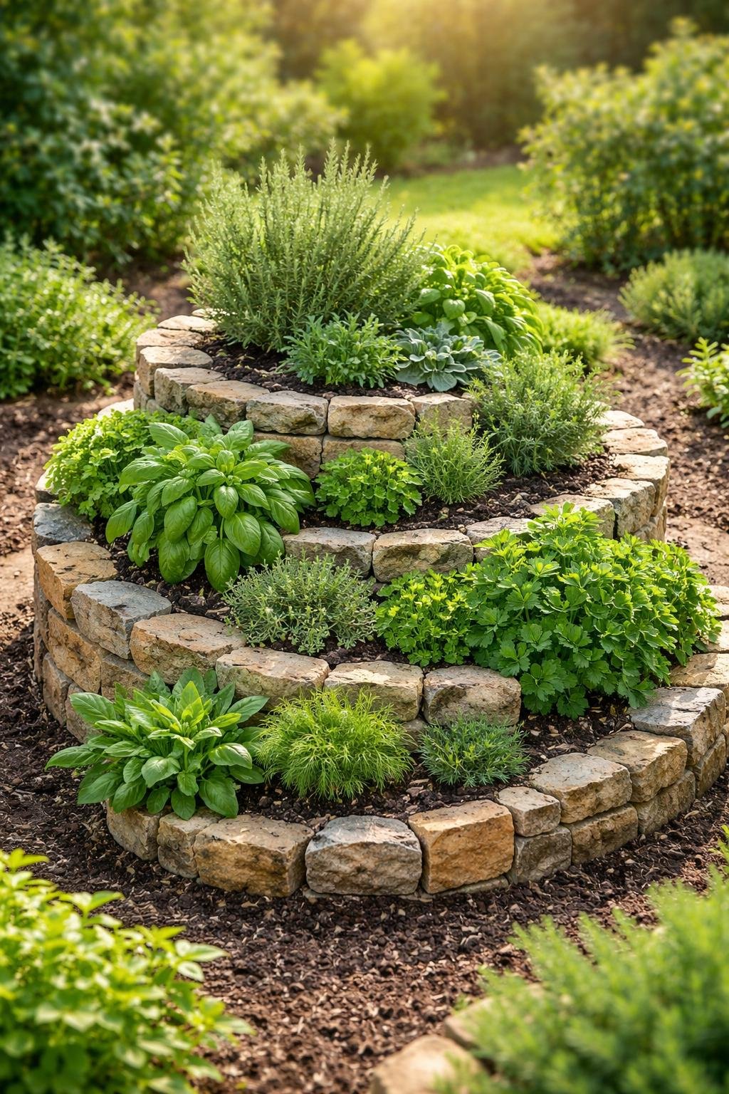 A tiered herb spiral garden made of stones with various green herbs growing on different levels outdoors.