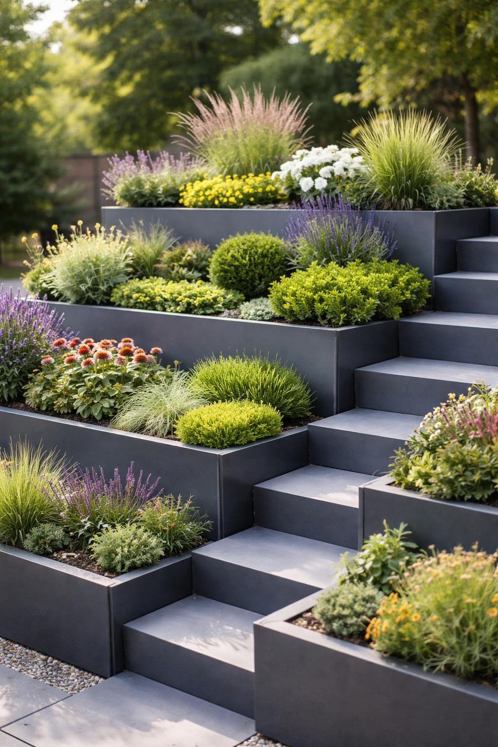 A tiered garden with geometric metal plant holders filled with green plants and flowers outdoors in natural light.