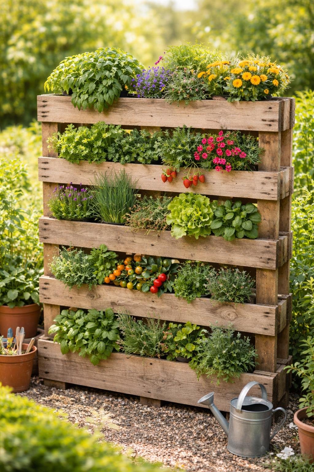 A vertical wooden pallet planter with multiple tiers filled with green plants and colorful flowers in an outdoor garden setting.