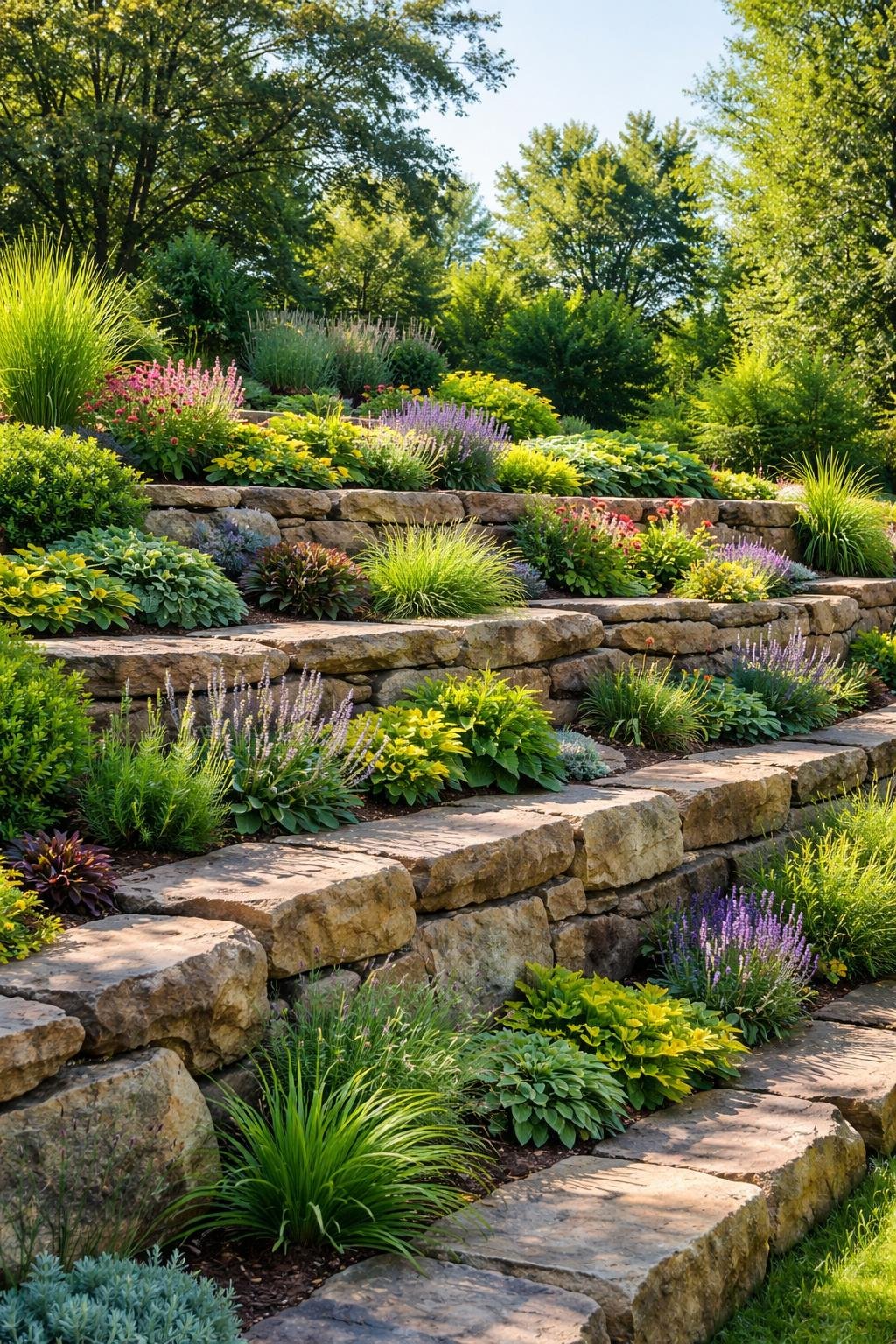A multi-level garden with natural stone ledges and various green plants and flowers arranged on each tier under a clear sky.