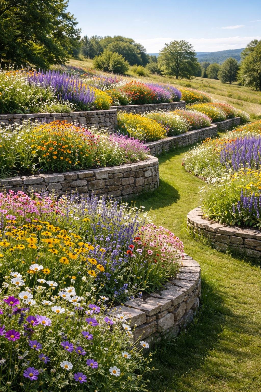 A tiered garden with multiple levels of colorful wildflowers separated by stone walls and green grass paths under a clear blue sky.