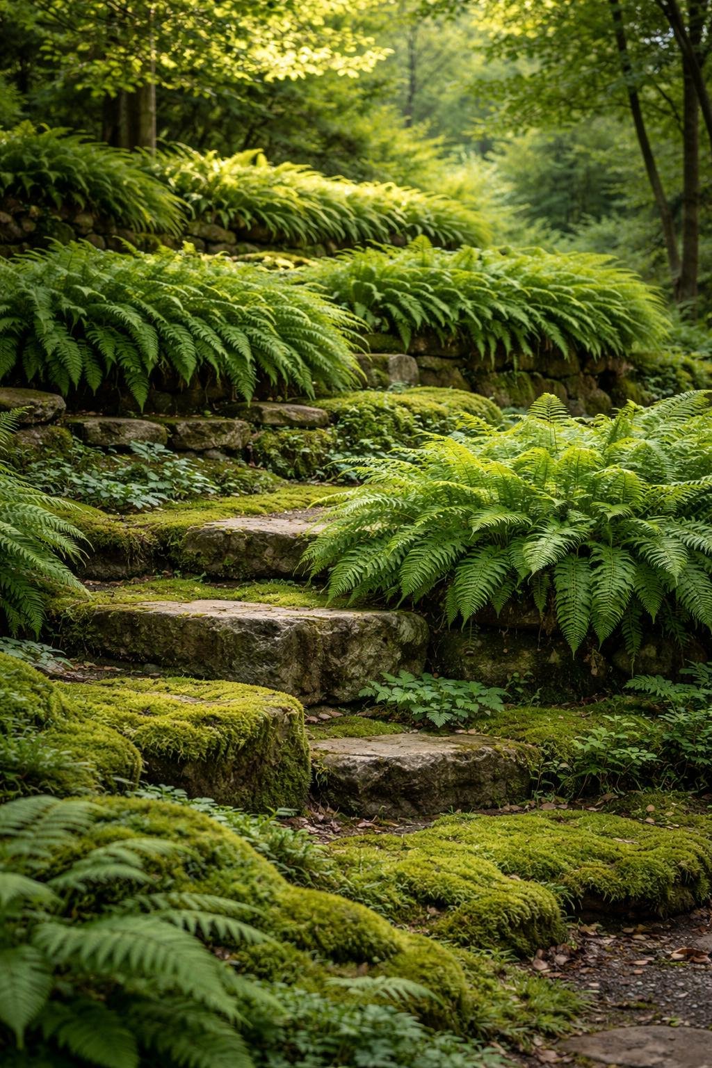 A shaded tiered garden with layers of green ferns and moss growing over stone terraces.