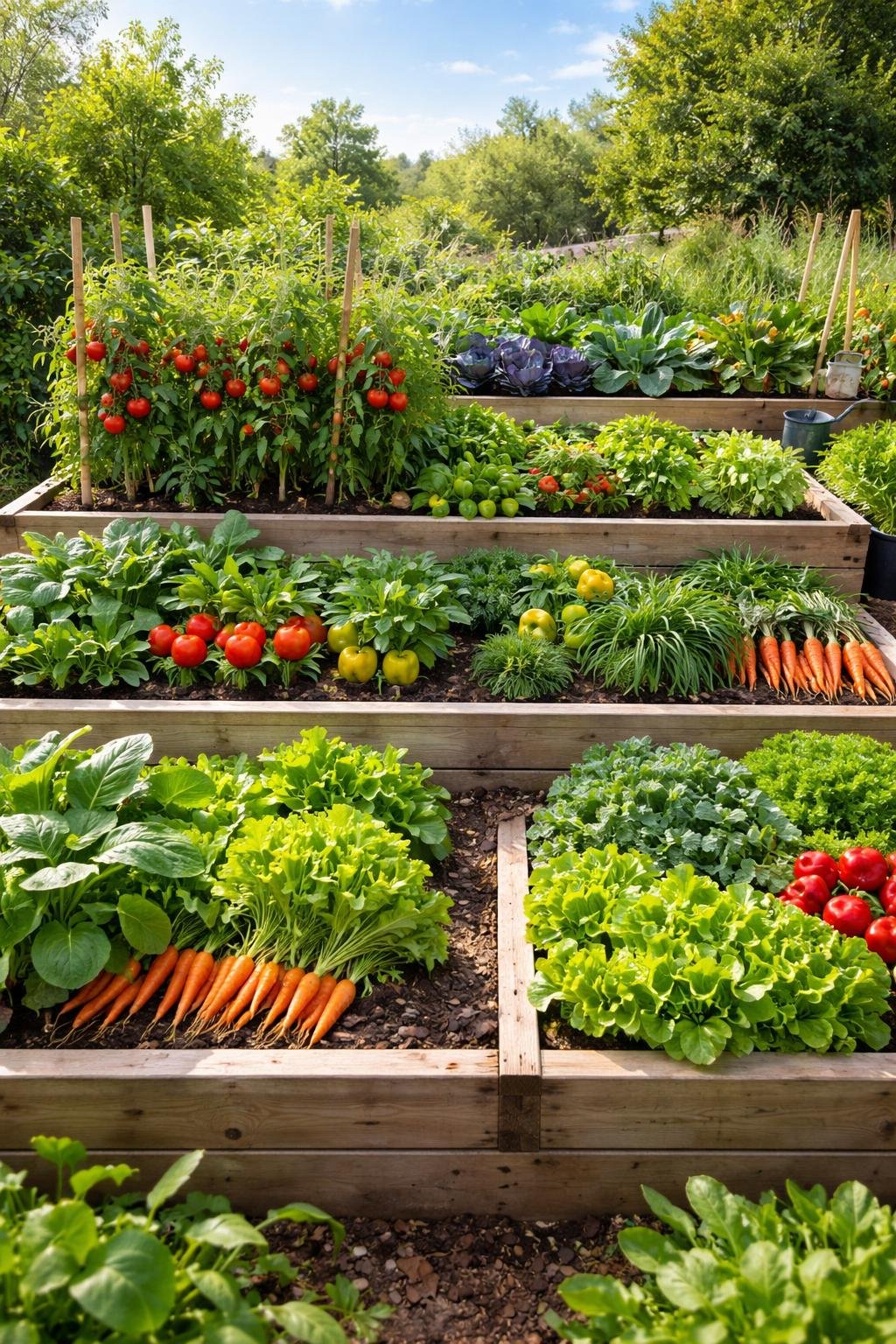 A multi-level vegetable garden with raised beds filled with various fresh vegetables and green plants.