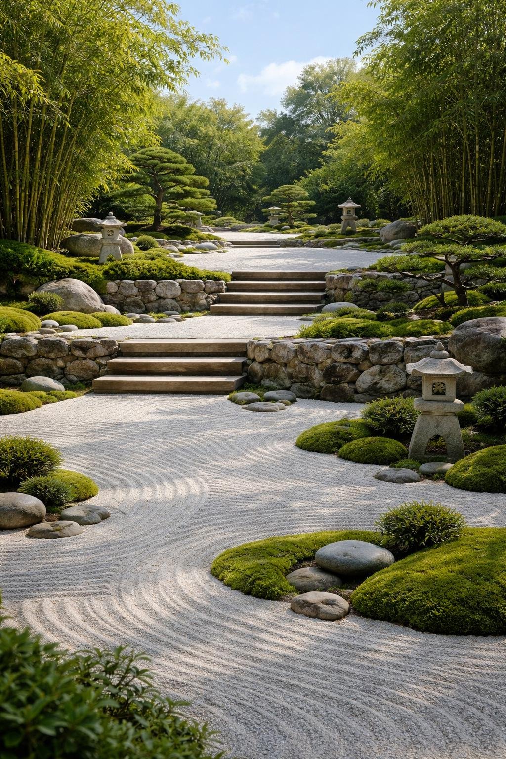 A peaceful zen garden with multiple tiered levels featuring gravel, stones, moss, bonsai trees, and stone lanterns.