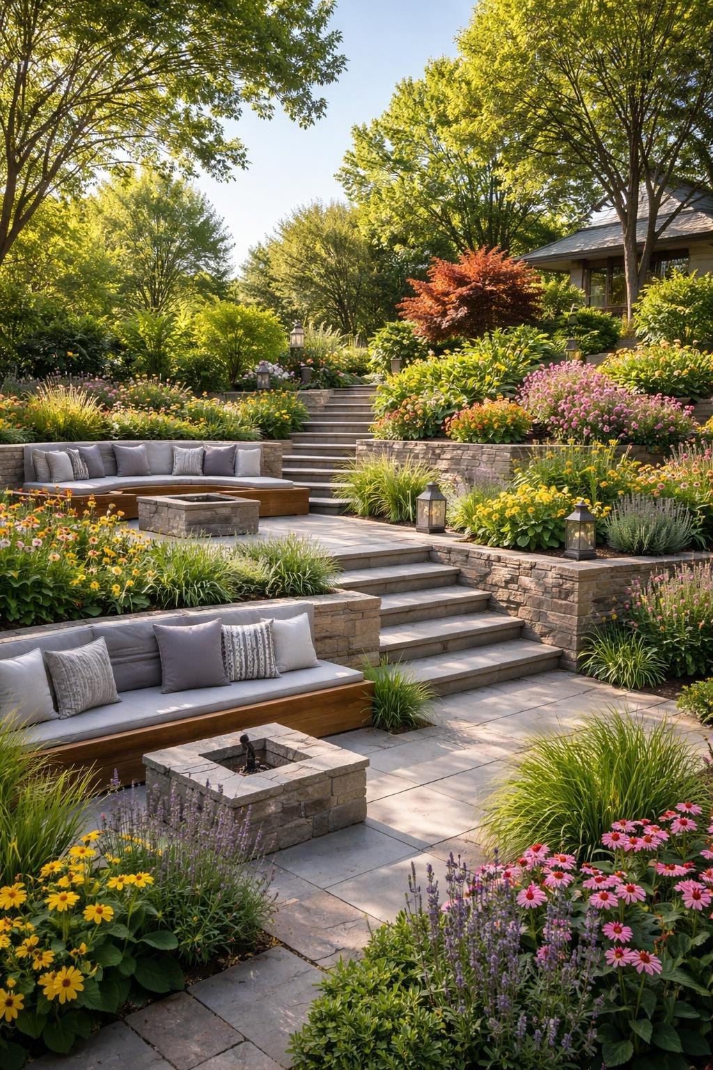 A tiered garden with stone terraces, vibrant plants, and integrated wooden seating areas under sunlight.