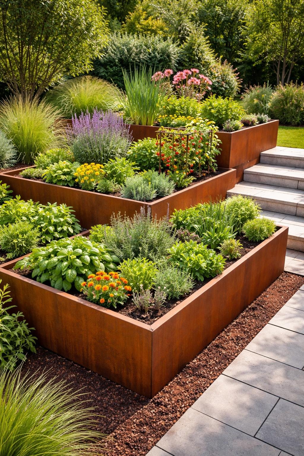 A tiered garden with several rust-colored steel raised beds filled with green plants and colorful flowers in an outdoor setting.