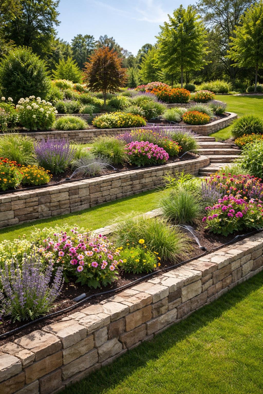 A multi-level garden with stone terraces filled with green plants and colorful flowers, featuring built-in irrigation systems.
