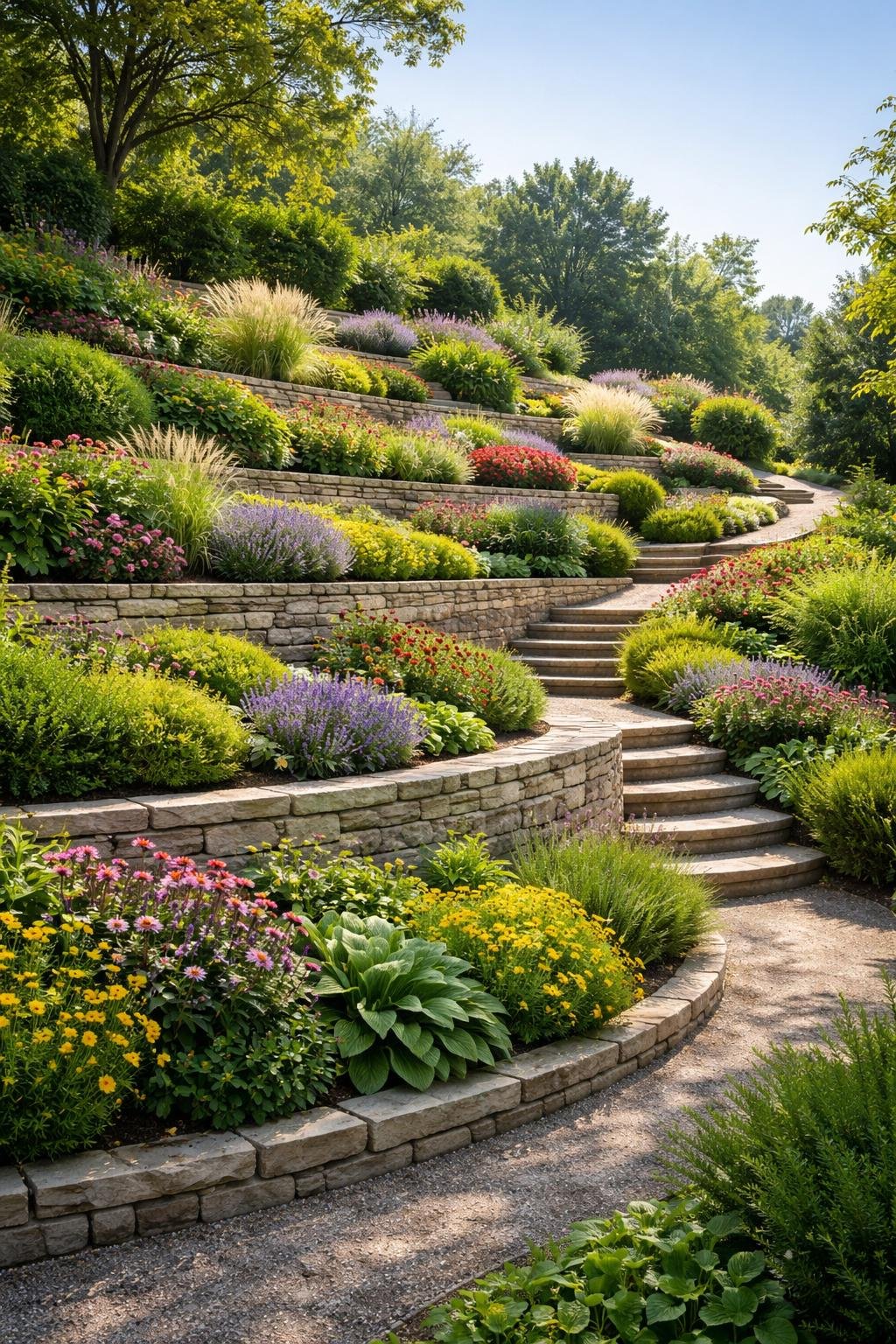 A tiered garden with curved stone terraces filled with various green plants and colorful flowers under a clear sky.