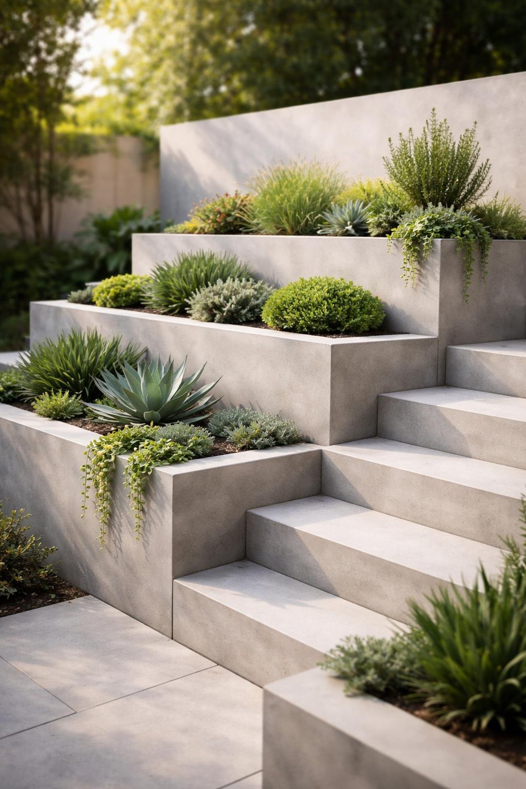 Tiered concrete planters filled with green plants arranged outdoors on a patio.