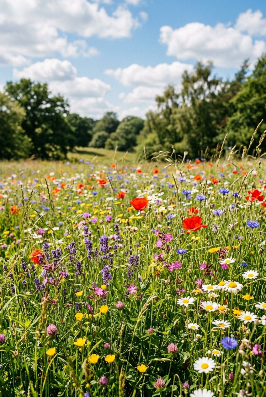 A colorful wildflower meadow with various flowers and green grasses under a blue sky.