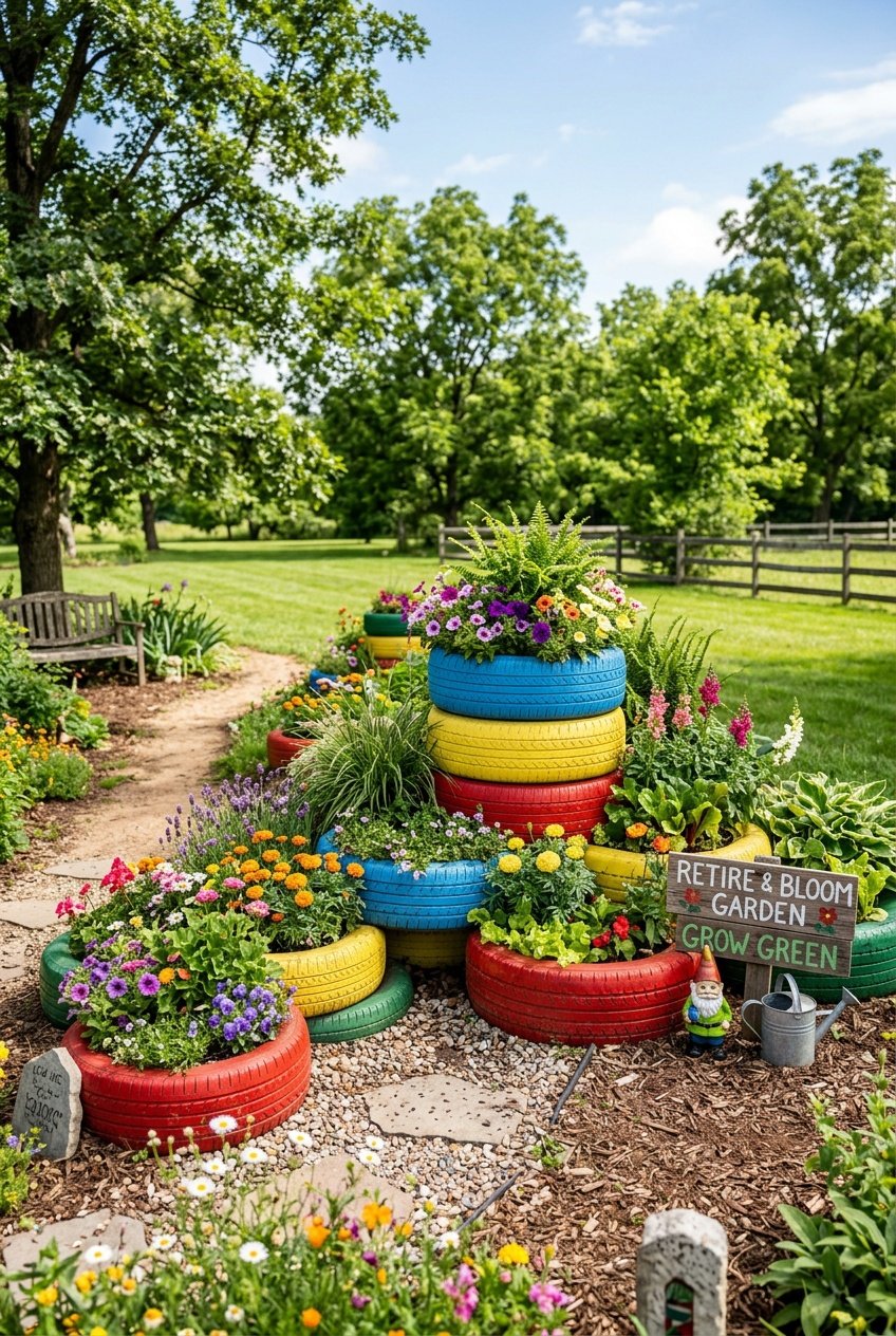 A colorful garden with recycled tire planters painted in bright colors, filled with green plants and flowers under a clear sky.