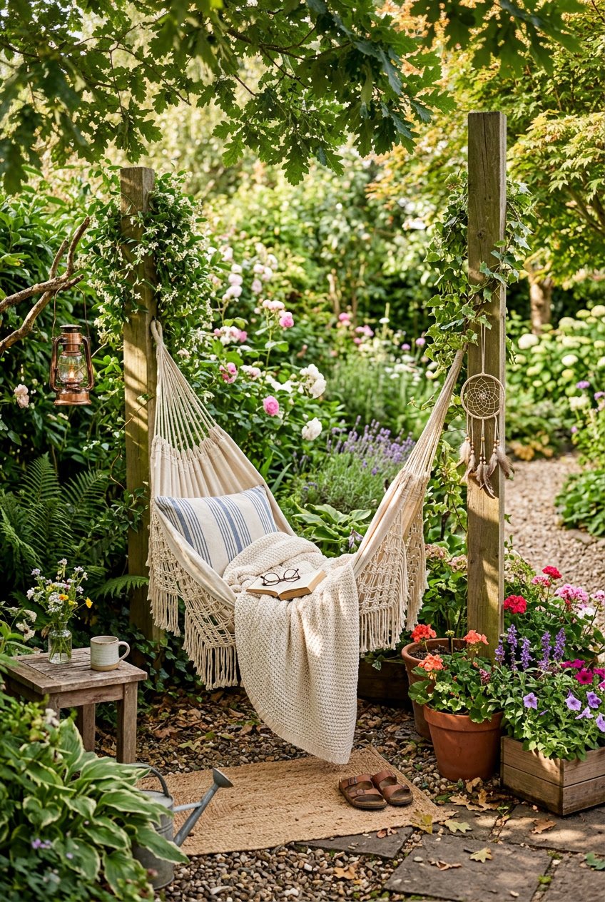 A cozy hammock with macramé details hanging in a green garden surrounded by plants and flowers.