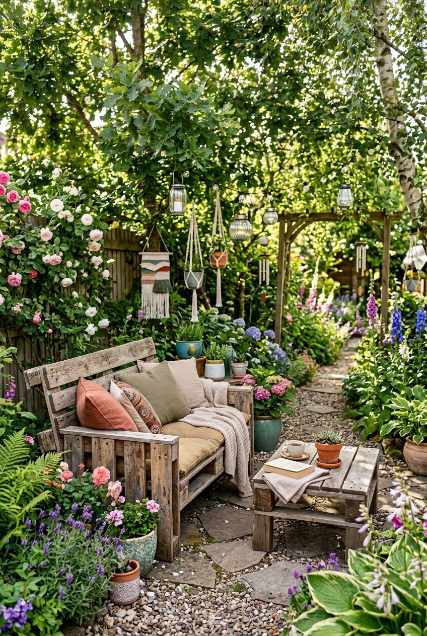 A garden with rustic wooden pallet furniture surrounded by green plants and colorful flowers.