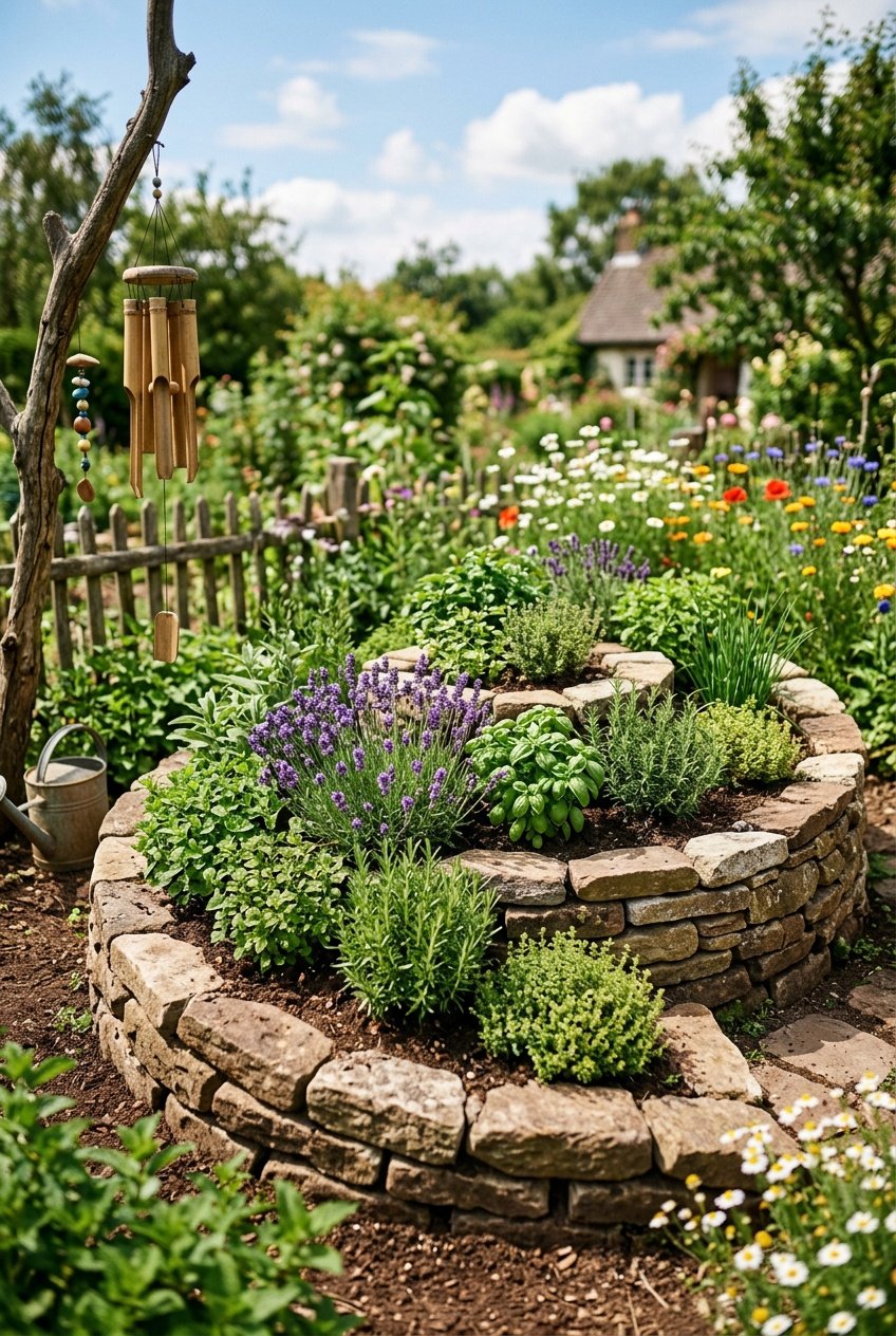 A spiral-shaped herb garden filled with various green herbs and colorful plants outdoors in natural sunlight.
