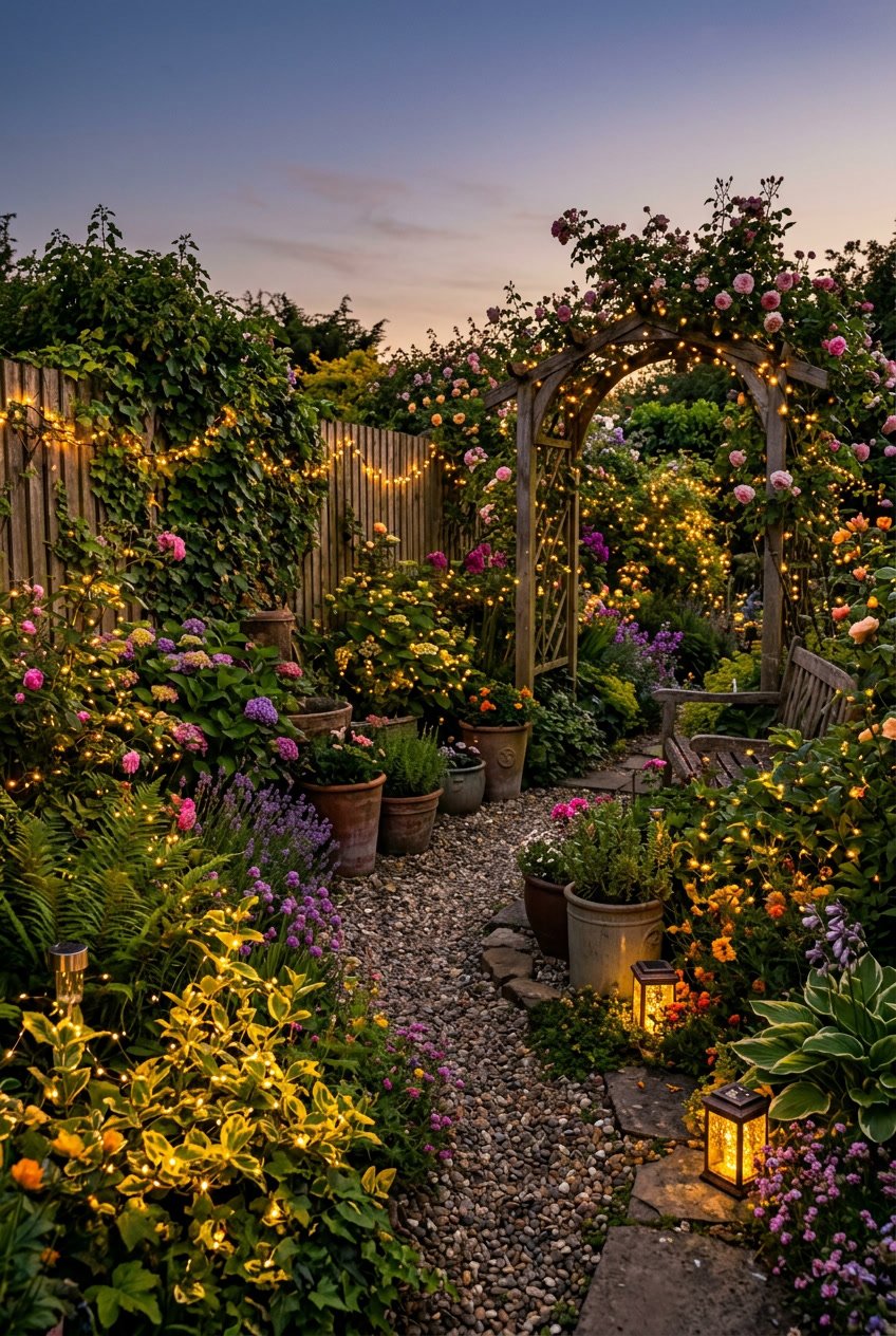 A garden at dusk with solar-powered fairy lights glowing softly among plants and flowers.