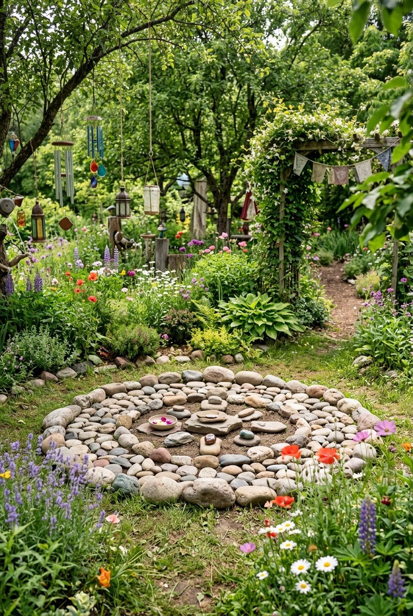 A natural stone meditation circle set in a colorful garden with flowers, plants, and sunlight filtering through trees.